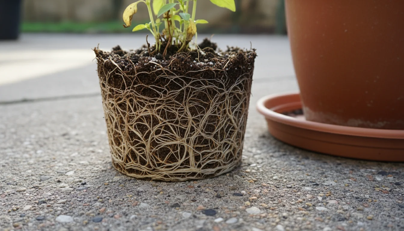 Severely root-bound basil plant lifted from its pot, showing dense, tangled roots and stunted, sparse foliage on a stone patio.