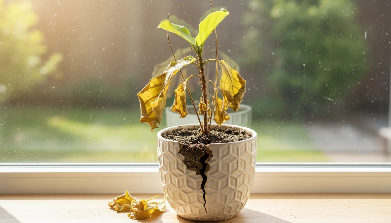 Severely stressed indoor fiddle leaf fig plant in a ceramic pot, with yellowed, dropped leaves and dry, compacted soil.