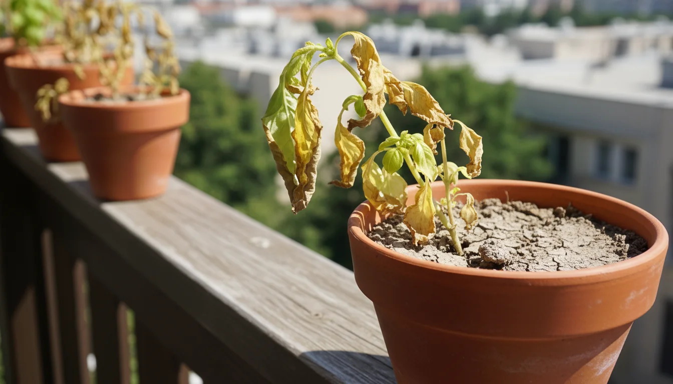 Close-up of a severely underwatered basil plant in a terracotta pot on a balcony railing, showing wilted green upper leaves and crispy yellow lower le