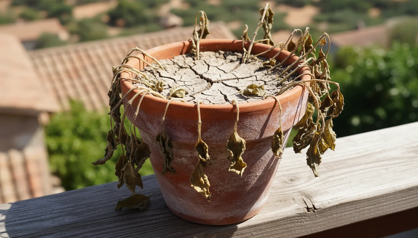 Close-up of a severely underwatered herb plant in a terracotta pot on a balcony floor, leaves wilted and crispy, dry cracked soil visible.