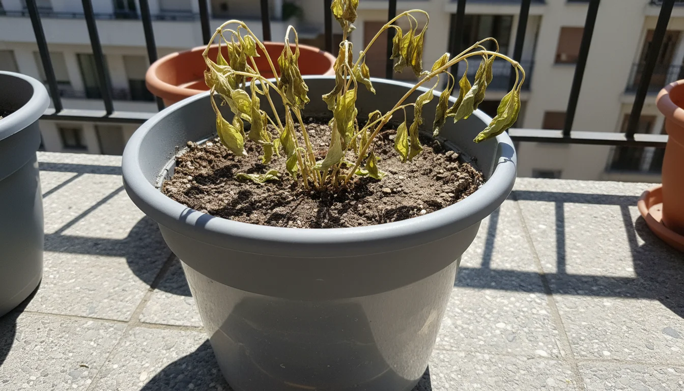 A severely wilted basil plant in a grey self-watering pot on a balcony, its leaves drooped and the reservoir empty.