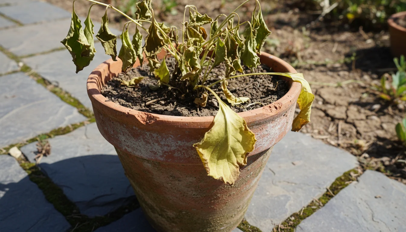 Severely wilted green plant with brown, crispy leaf edges and some yellowing in a terracotta pot on a concrete balcony floor, showing heat stress.