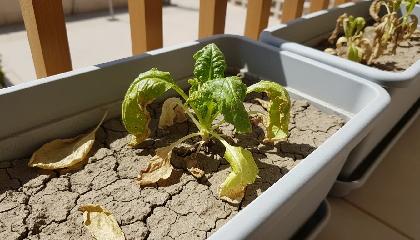 A severely wilted leafy green plant in a shallow balcony planter box. Its leaves are shriveled and brown, and the soil is cracked and dry.