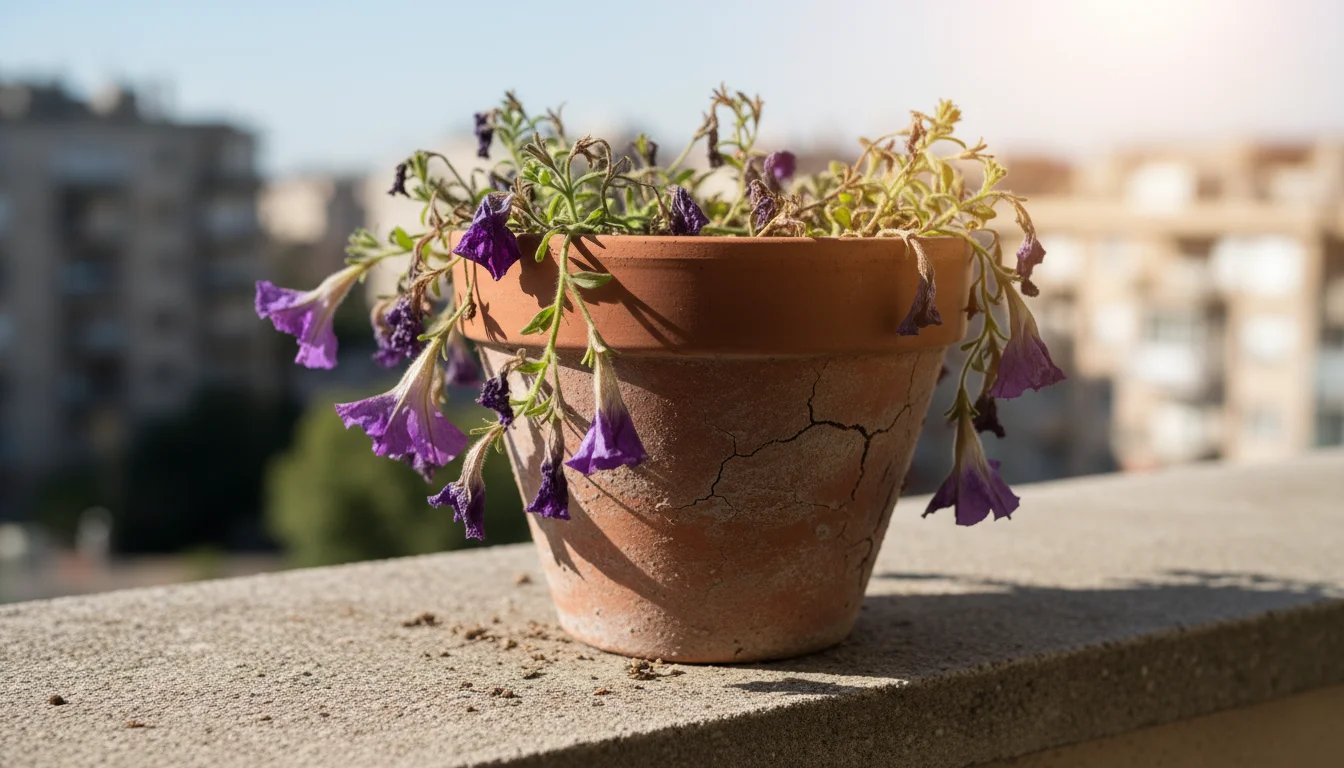 Severely wilted purple petunia plant in a terracotta pot on a sunny balcony ledge, with visibly dry, cracked soil.