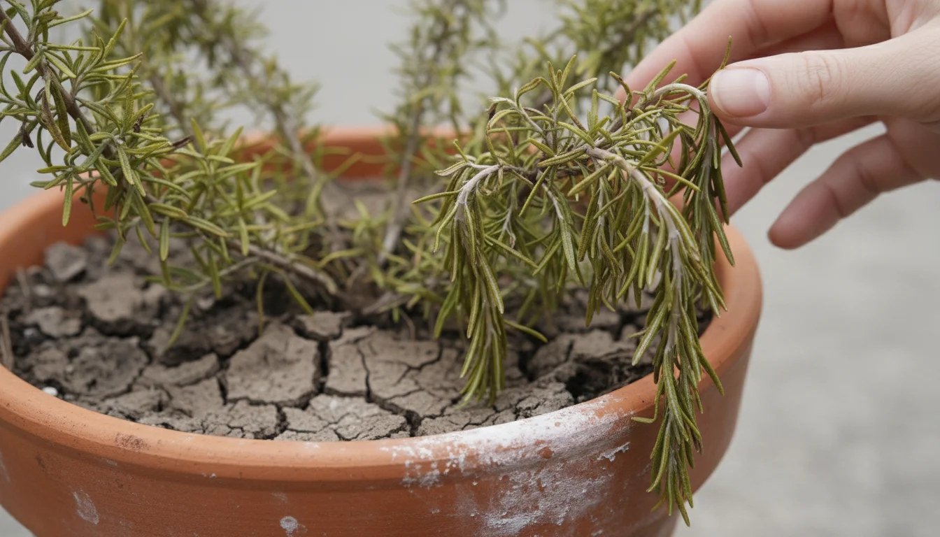 Severely wilted rosemary plant in a terracotta pot with visibly dry, cracked soil. A hand gently reaches towards a drooping leaf.