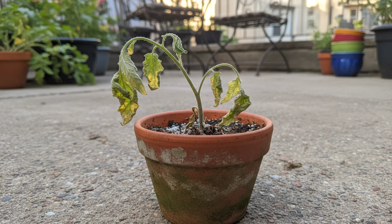 Severely wilting tomato seedling in a terracotta pot on a concrete patio, with yellowed leaves, signs of disease at the soil line, and dry, uneven pot