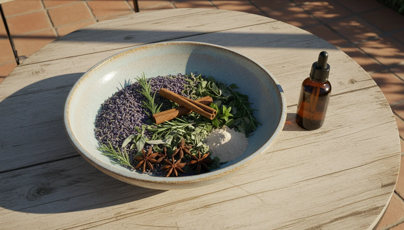 A shallow ceramic bowl on a patio table filled with dried lavender, rosemary, mint, cinnamon sticks, star anise, and orris root powder, with a small e