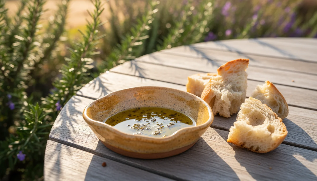 Shallow ceramic dish of rosemary-infused olive oil with sea salt and bread on a wooden patio table, with blurred herbs in pots in background.