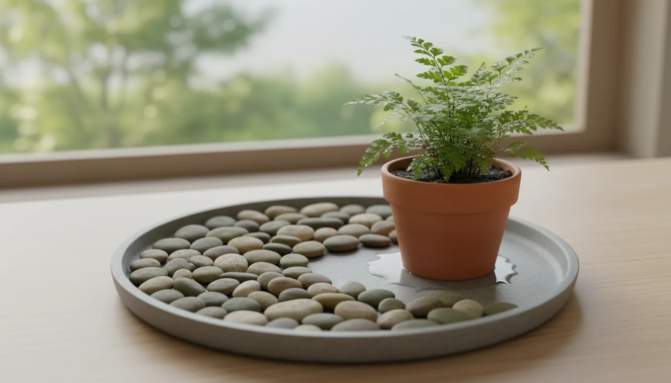Shallow ceramic tray partially filled with river pebbles, a vibrant Maidenhair fern in a terracotta pot, and a small watering can on a bright wooden s