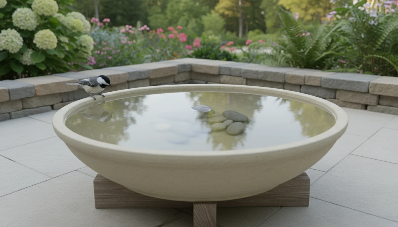 Shallow cream stoneware bird bath with still water reflecting sky, river stones, and a chickadee perched on the rim, on a patio.