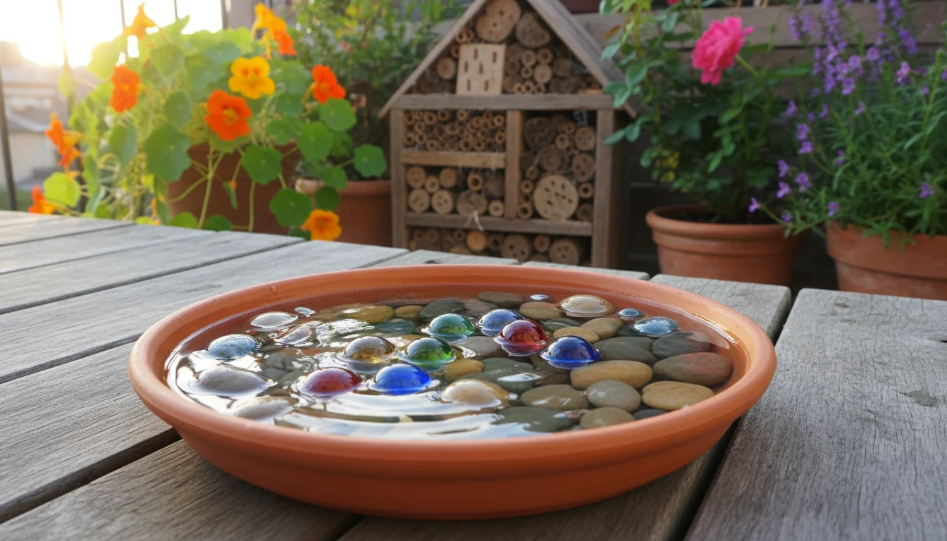 A shallow terracotta dish filled with water and pebbles, placed on a wooden balcony floor near a rustic insect hotel and potted herbs.