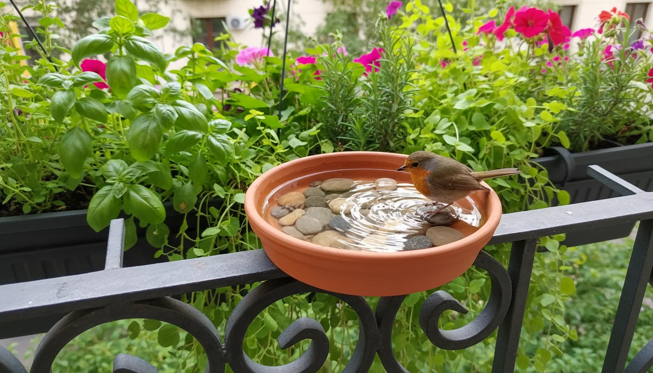 A shallow terracotta saucer bird bath with river stones holds clean water on a balcony railing, surrounded by potted plants.