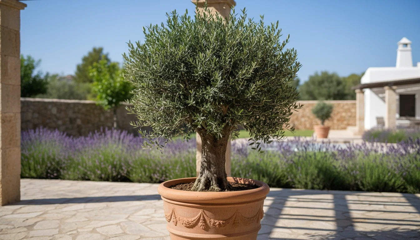 A perfectly shaped dwarf olive tree in a terracotta pot on a sun-drenched patio, demonstrating controlled growth and size.
