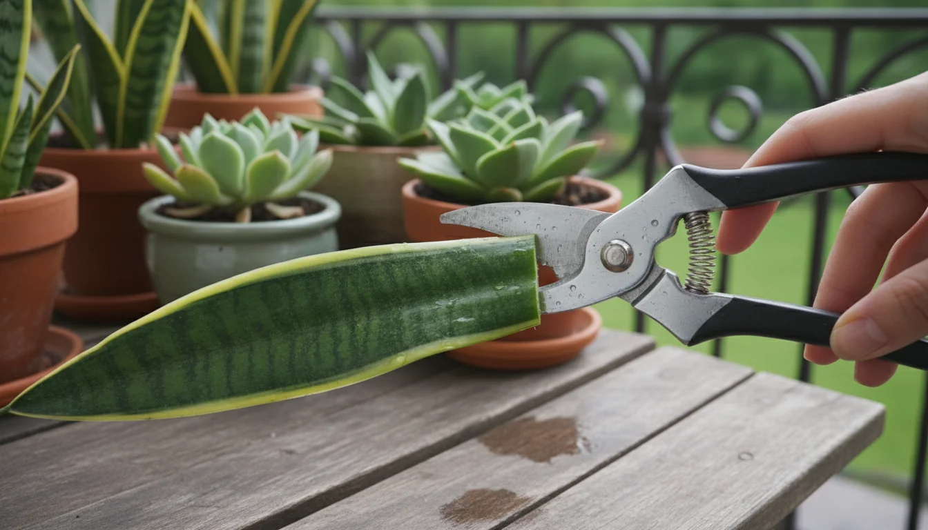 Close-up of sharp bypass pruners making a precise, clean cut through a snake plant leaf segment on a rustic wooden table.