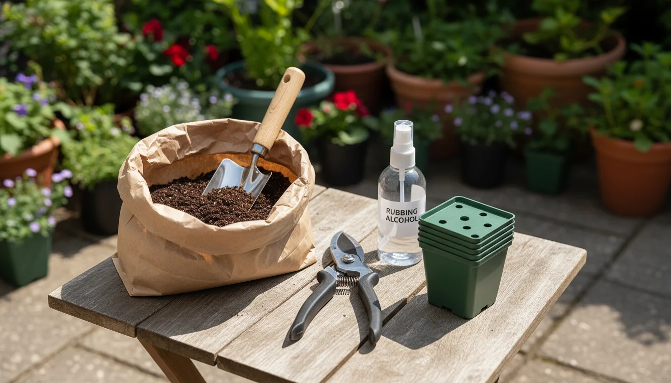 Sharp pruning shears, rubbing alcohol, a stack of small plastic pots, and a bag of potting mix are arranged on a wooden table.