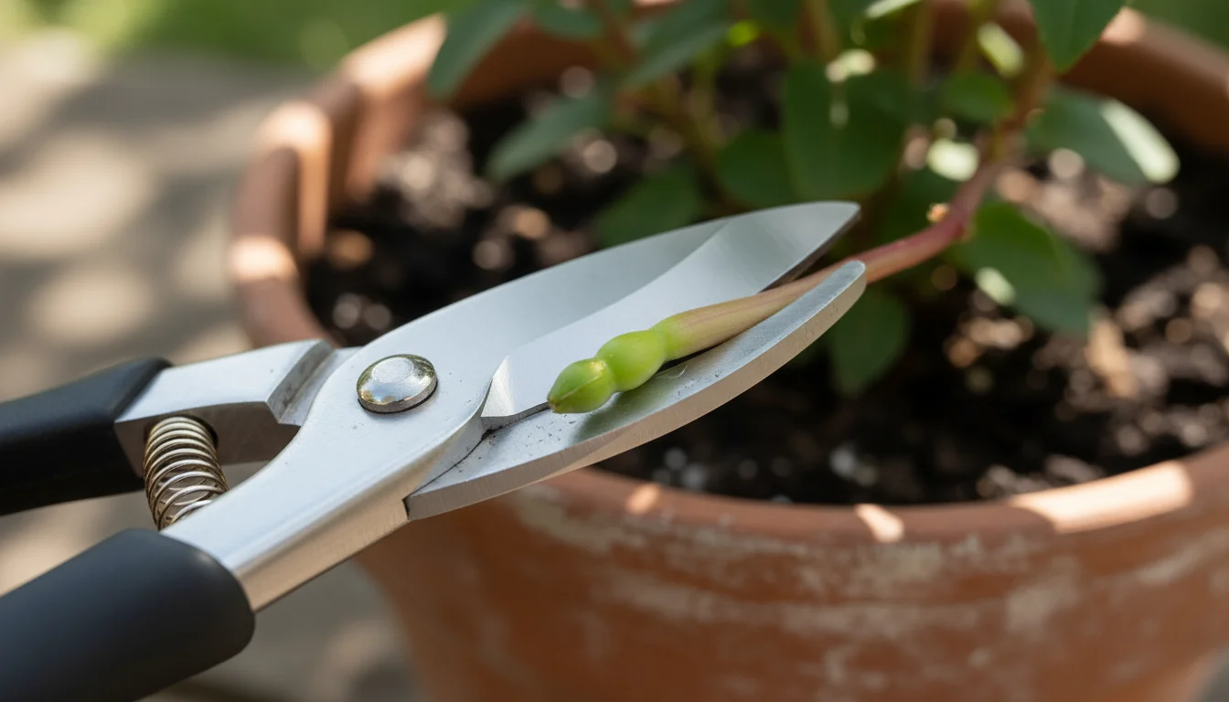 Close-up of sharp secateurs making a precise 45-degree heading cut just above an outward-facing bud on a fuchsia plant in a terracotta pot.