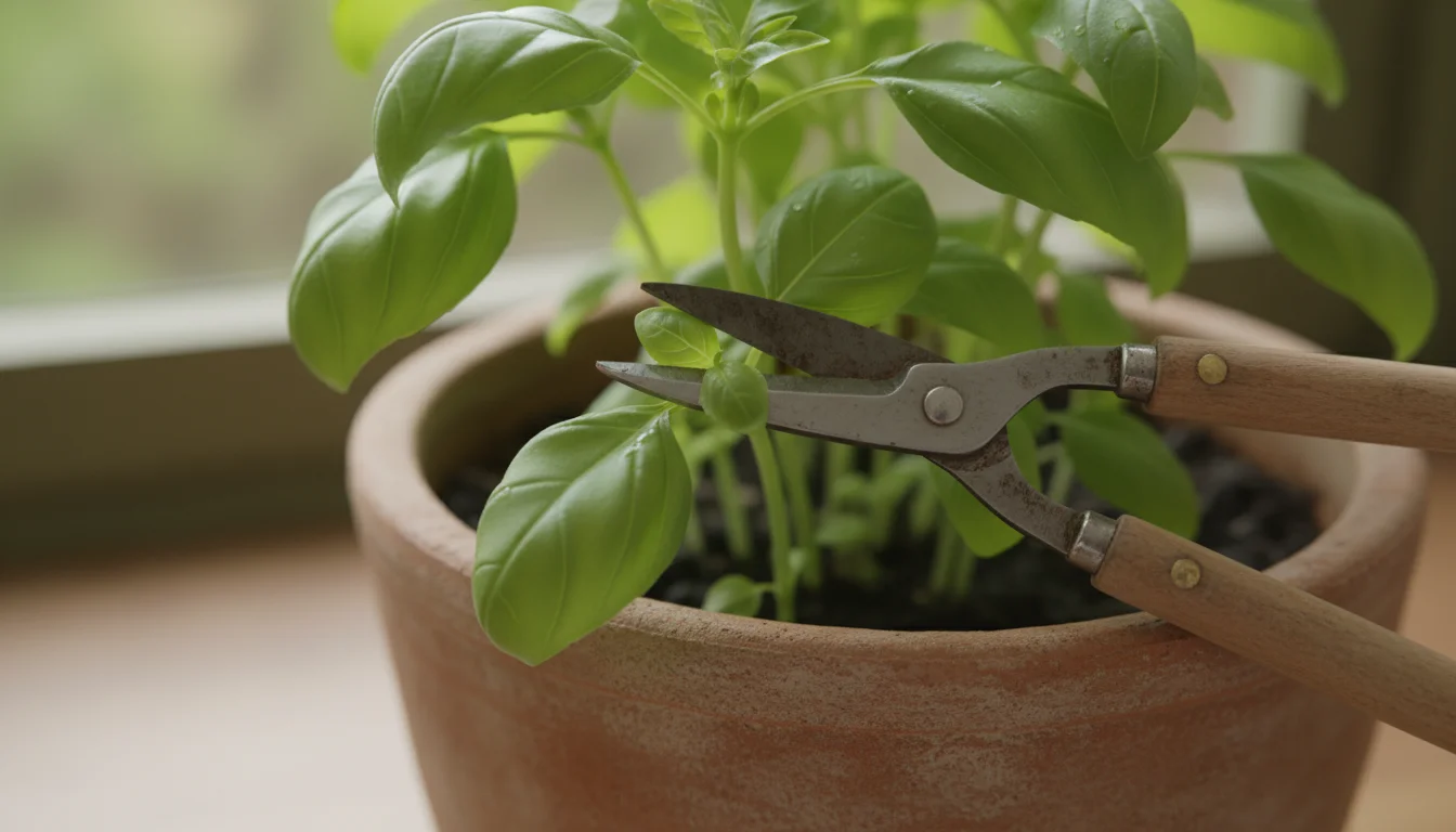 Sharp snips making a precise cut on a vibrant green basil stem above a leaf node in a ceramic pot on a bright windowsill.