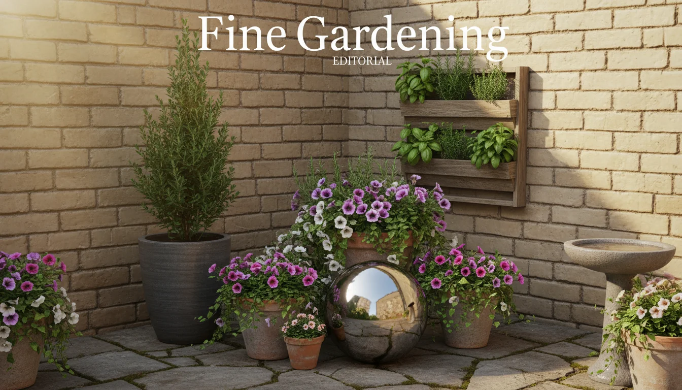 A shiny stainless steel gazing sphere and a tall columnar holly in containers create visual anchors on a compact patio garden.