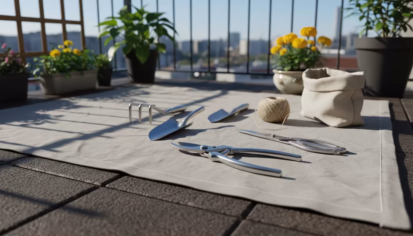 Close-up of shiny stainless steel hand trowel, small spade, and pruners neatly arranged on a light grey drop cloth on an urban balcony, ready for cont