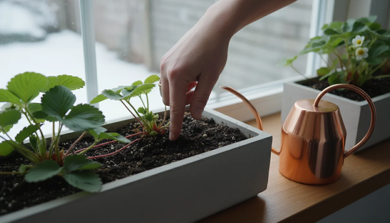A close-up shows an adult's finger checking the soil of lush strawberry plants in a light grey window box, with a copper watering can nearby.