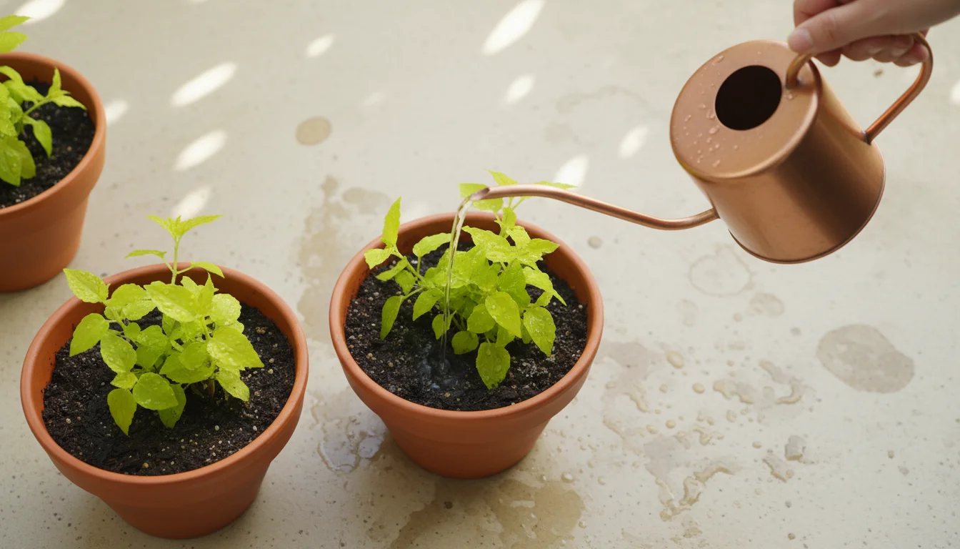 An overhead shot shows a hand gently watering a small, newly planted perennial division in a terracotta pot on a patio. Other moist pots are nearby.