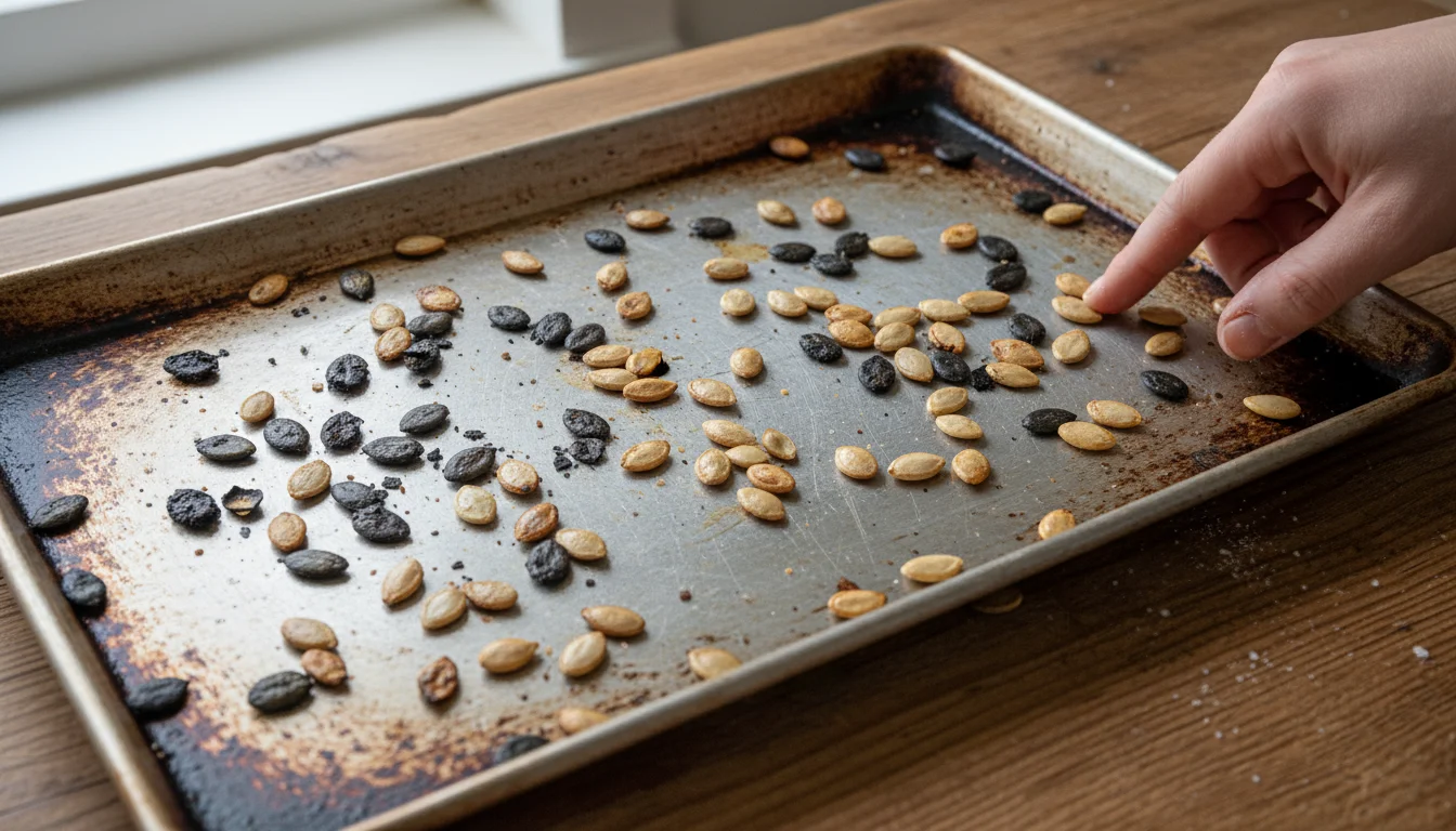 A close-up shows roasted pumpkin seeds on a baking sheet, some charred dark, others pale, indicating uneven cooking. A hand is visible.