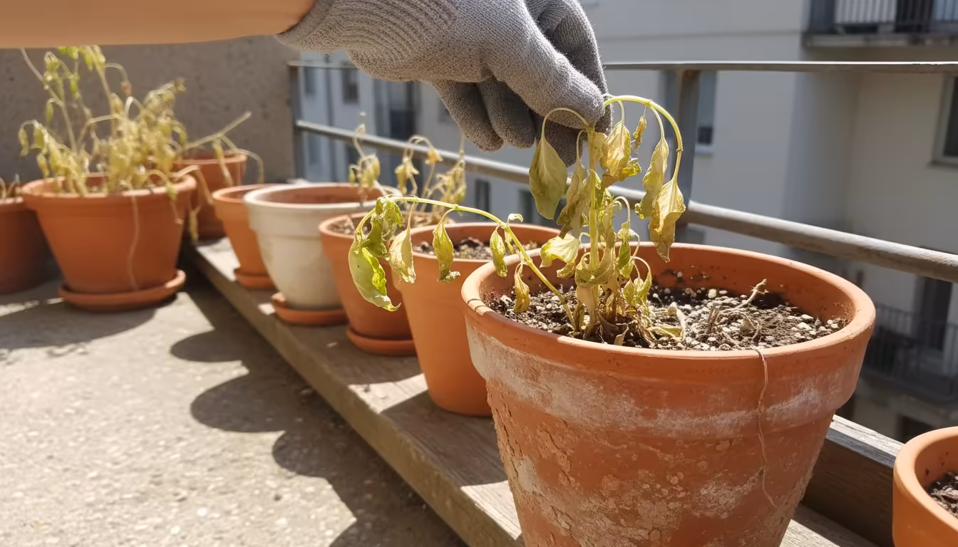 A close-up shows a wilting basil plant in a sun-drenched terracotta pot on a balcony, with a hand inspecting a yellowed leaf.