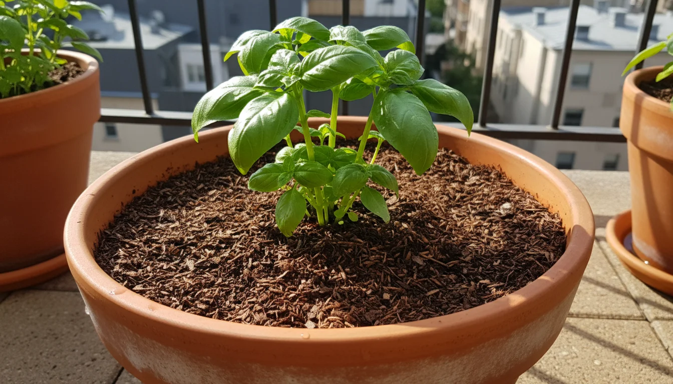 Close-up, slightly overhead shot of shredded leaf mulch evenly applied in a terracotta pot around a basil plant, with a clear 'donut hole' of bare soi