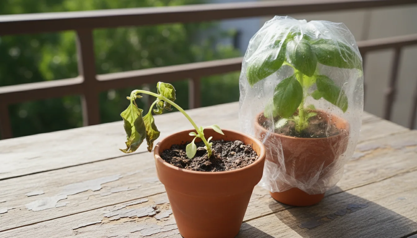 A shriveled basil cutting in a small terracotta pot next to a healthy basil cutting covered by a clear plastic bag on a wooden table.