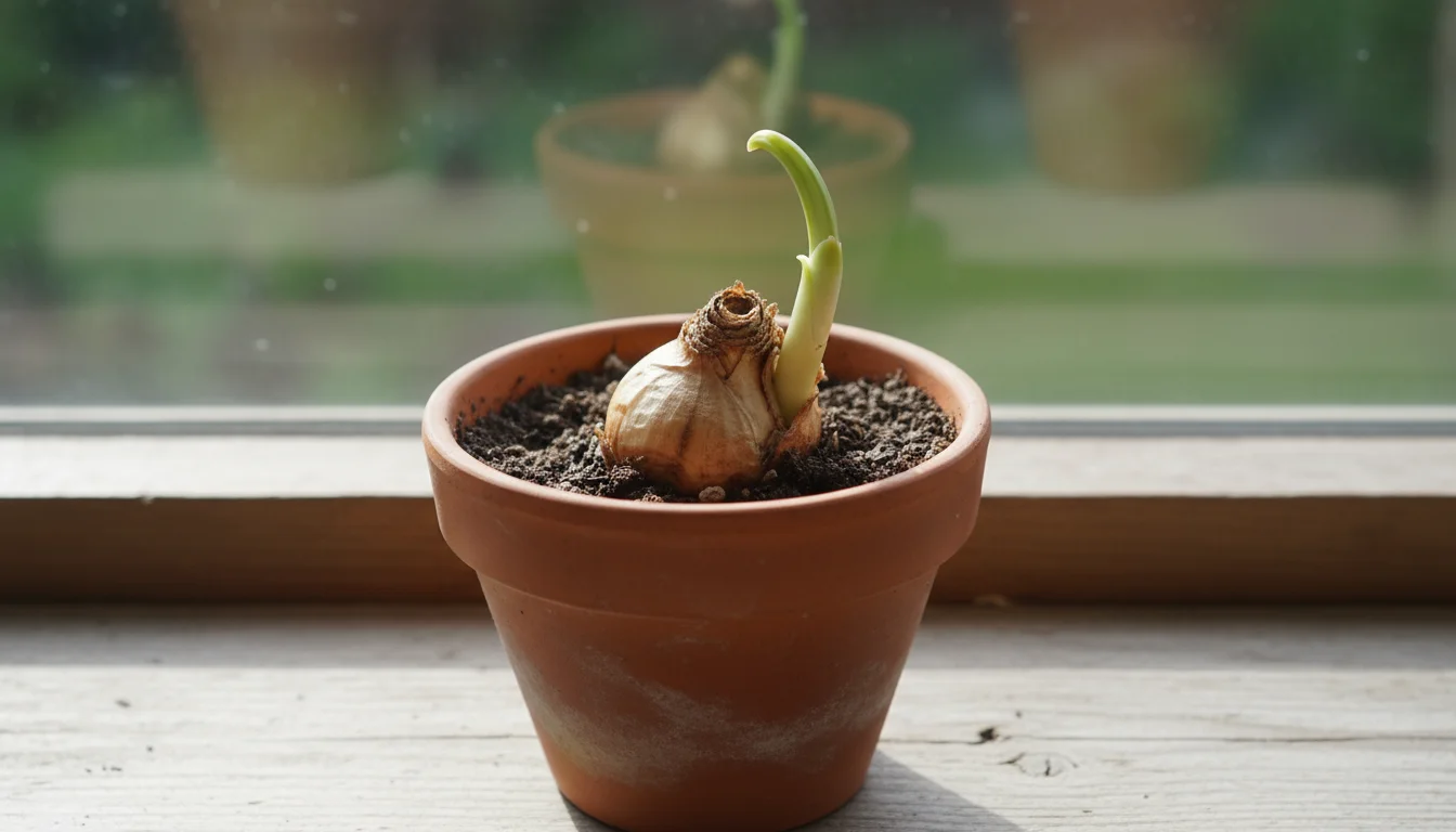 A close-up of a shriveled bulb with a weak, pale green shoot in a small terracotta pot on a worn wooden windowsill.
