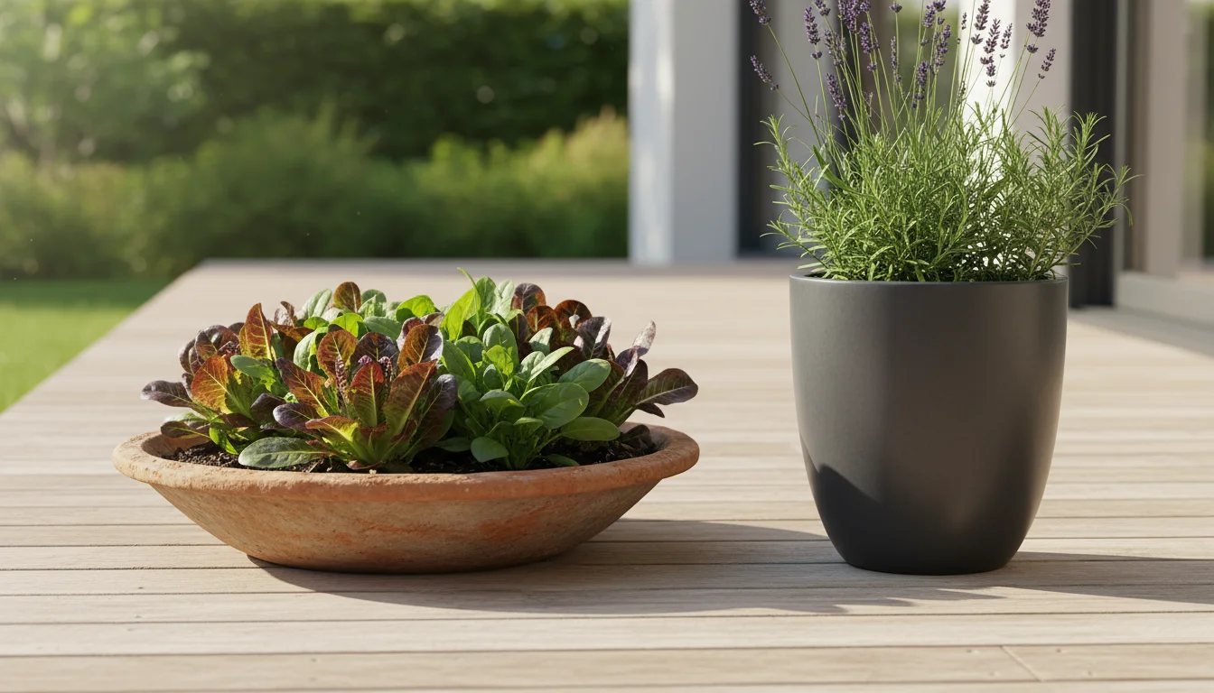 Side-by-side comparison on a patio: a wide, shallow terracotta bowl with leafy greens next to a tall, deep gray ceramic pot with a tomato plant.