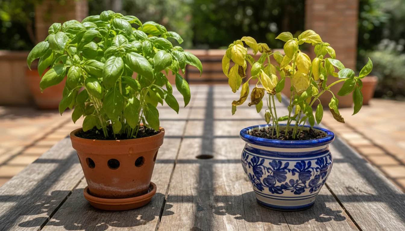 Side-by-side view of a healthy, green basil plant in a terracotta pot with drainage, next to a wilting, yellowing basil plant in a glazed pot lacking