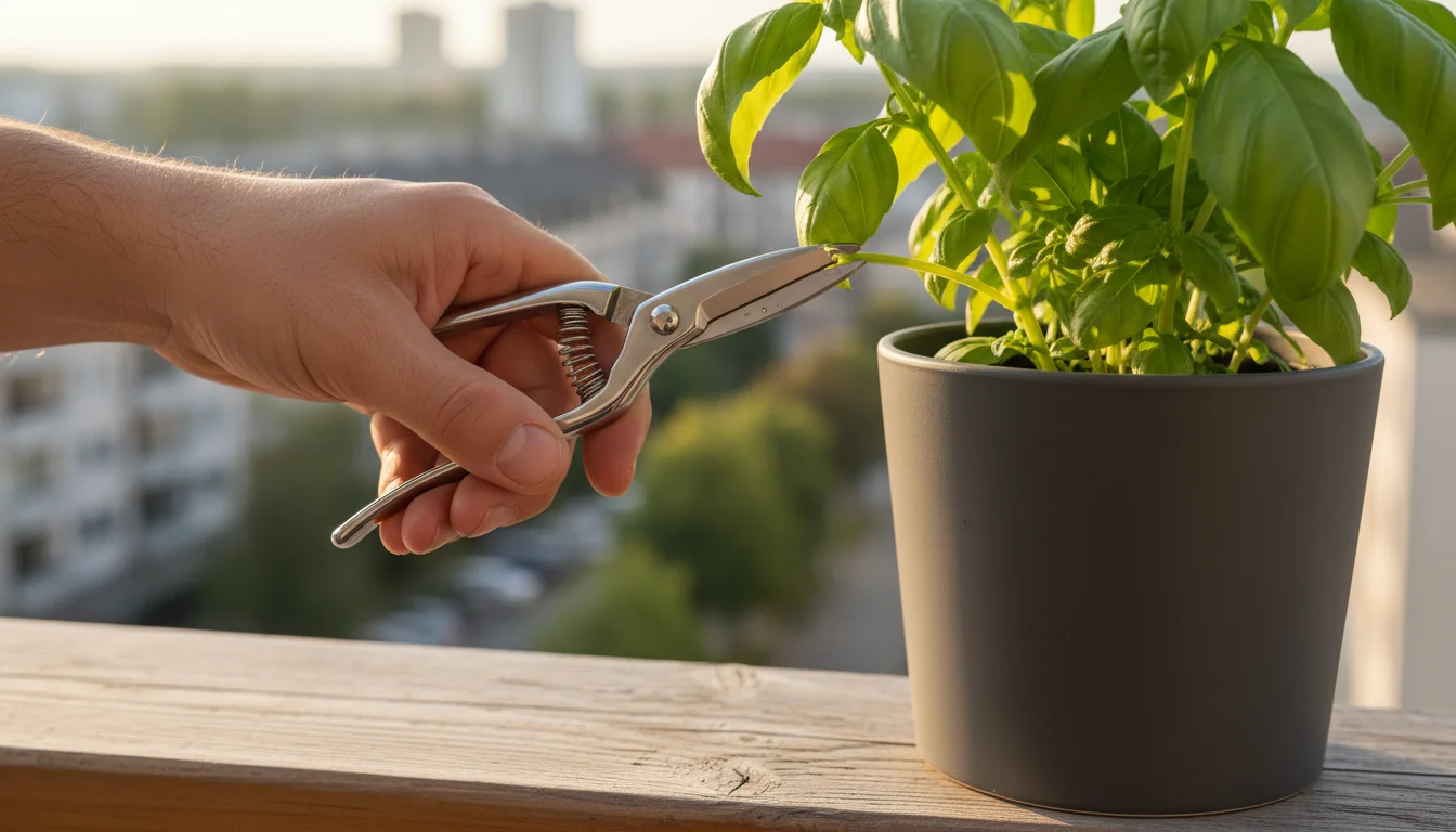 Close-up of silver precision snips cutting a vibrant green basil stem in a modern pot on a sunny balcony railing.