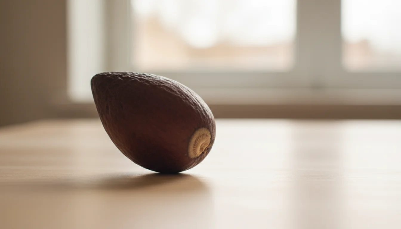 A single dark brown avocado pit angled on a light wood surface, showing its pointier top and flatter bottom with an 'eye'.