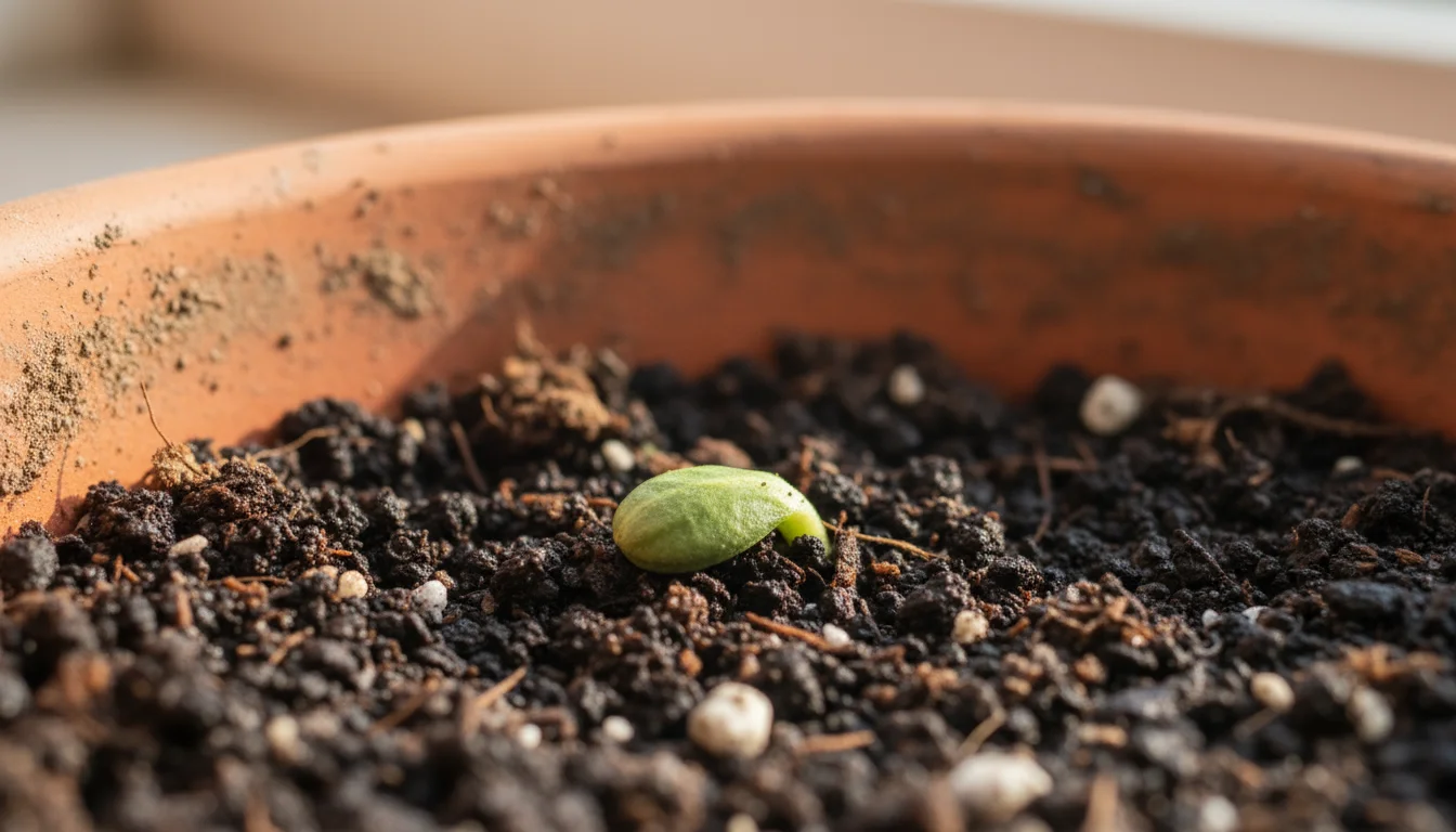 A single, healthy cucumber seed rests on dark, moist potting soil within a terracotta pot, illuminated by warm, soft light.