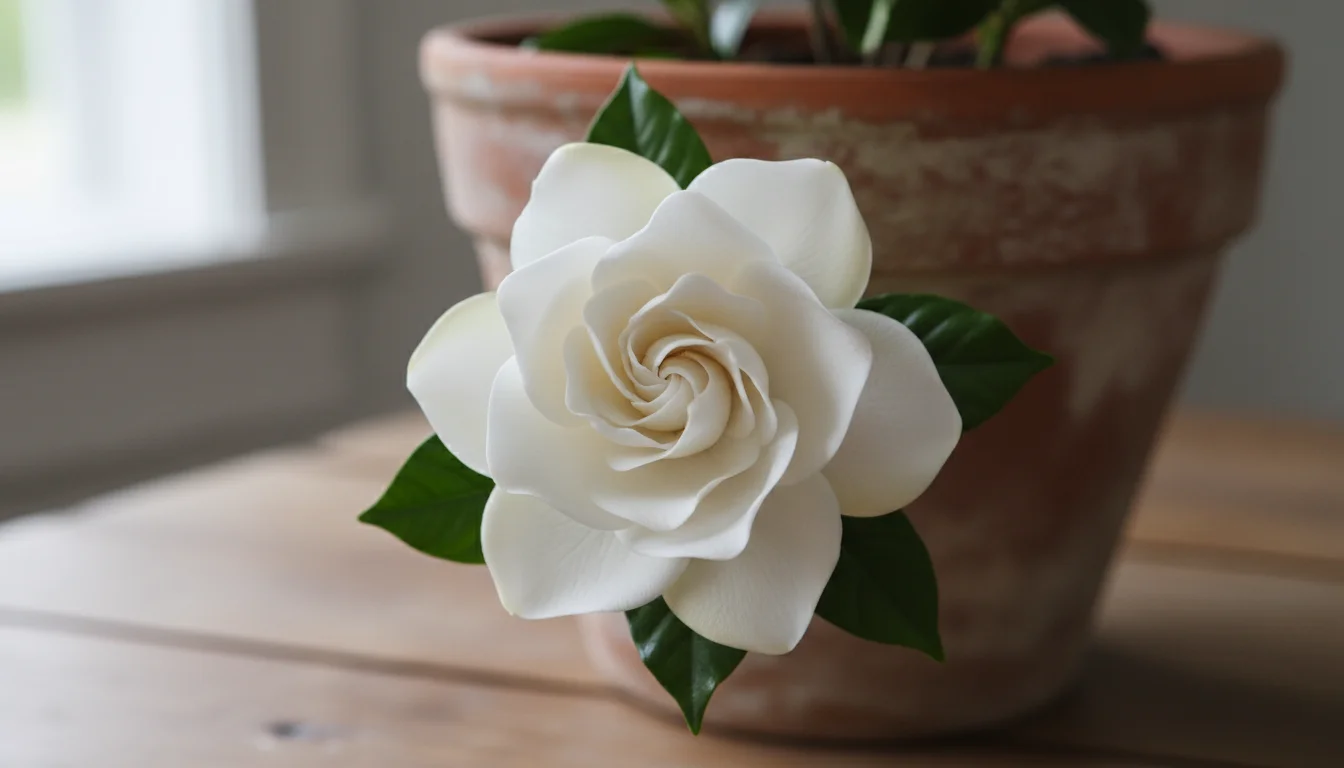 A single, perfect, creamy white gardenia bloom with velvety petals in soft focus. It sits in a terracotta pot on a windowsill.
