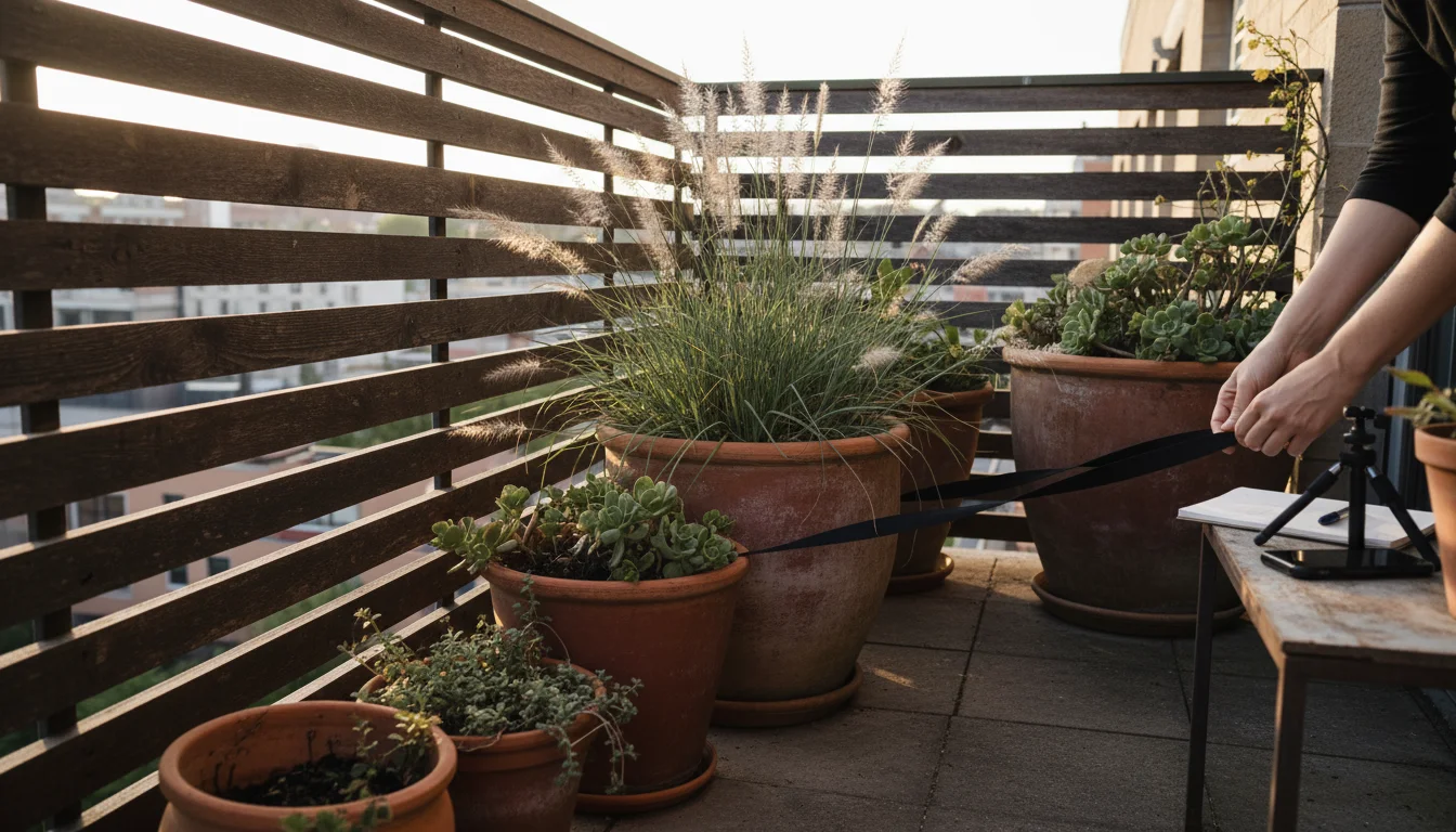 Slatted wooden windbreak on an urban balcony protects heavy, secured terracotta pots and resilient plants. A person is subtly tightening a pot tie.