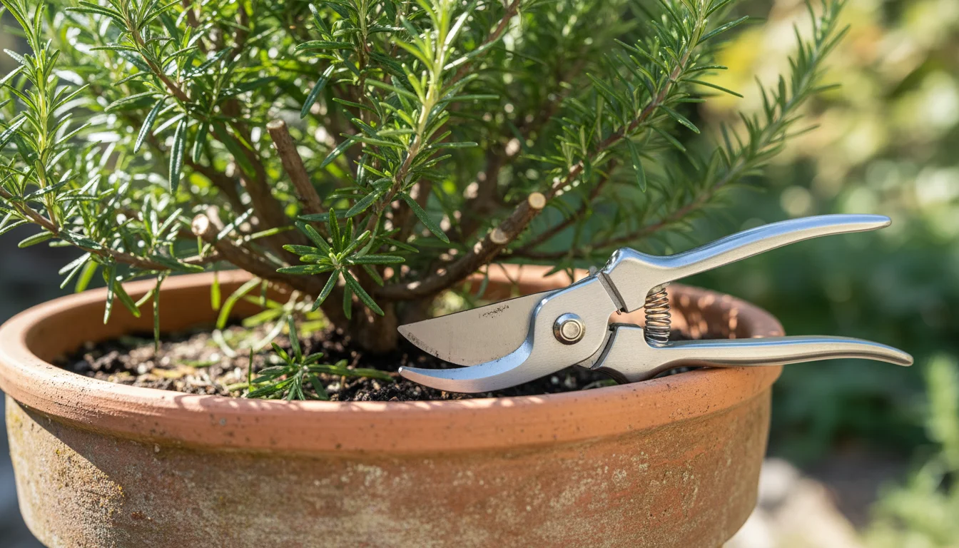 Sleek bypass pruners resting on a terracotta pot containing a freshly pruned rosemary plant, illuminated by warm sunlight on a patio.
