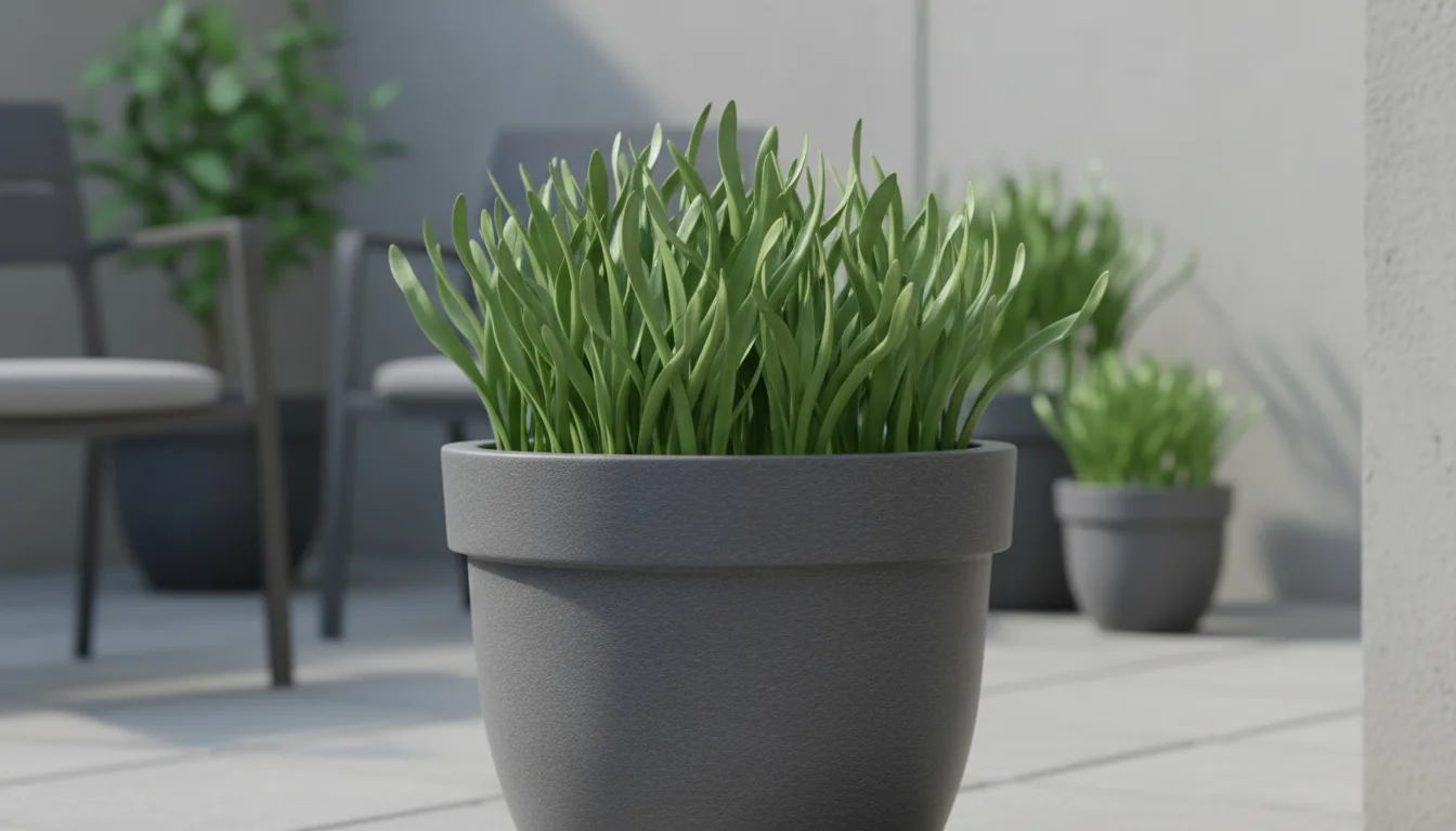 A sleek, dark gray planter on a patio holds vibrant green bulb leaves with no flowers, suggesting an unblooming spring.