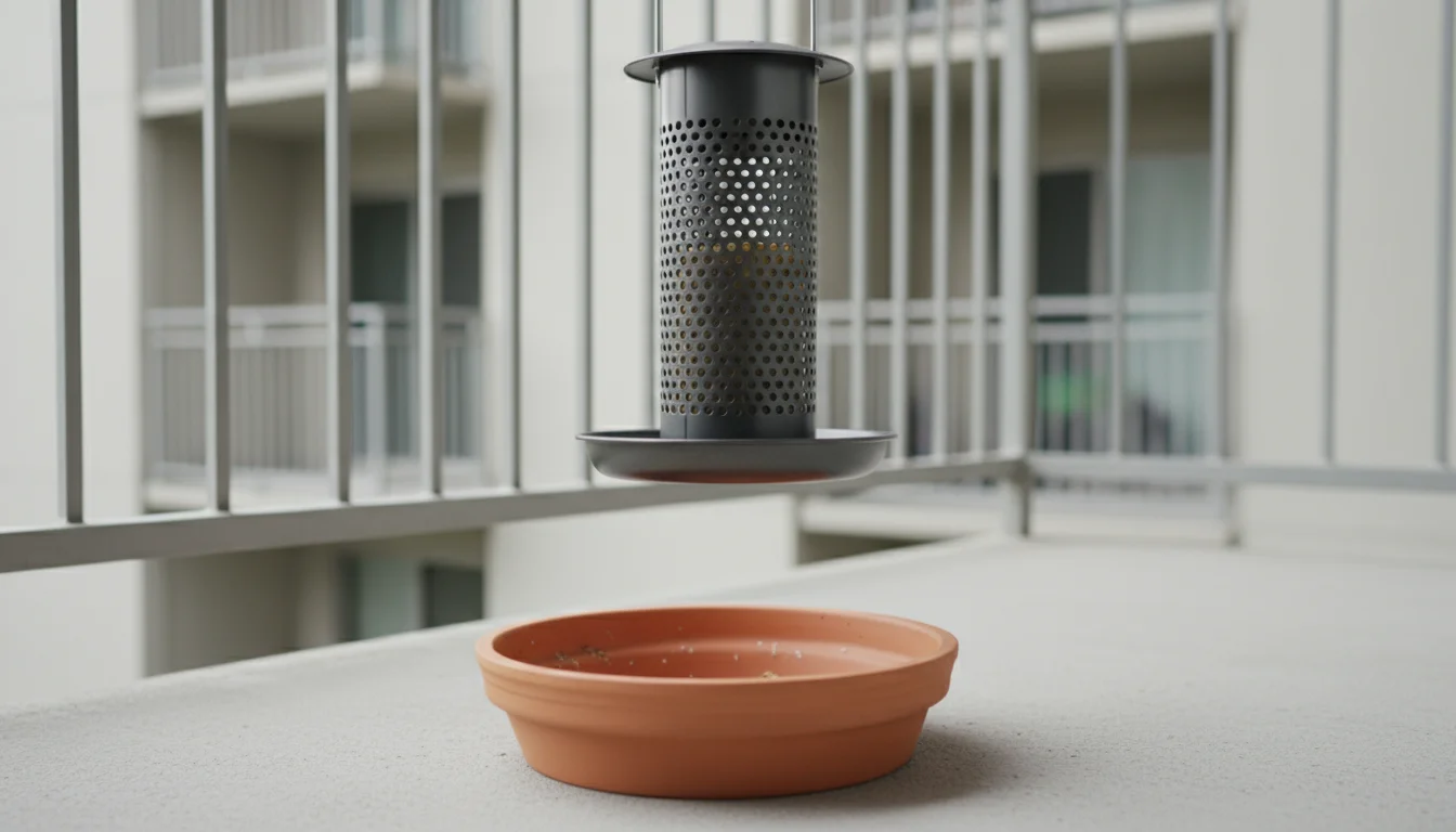A sleek, dark grey metal suet feeder with an integrated catch tray hangs above a wide terracotta saucer on a spotless concrete balcony.