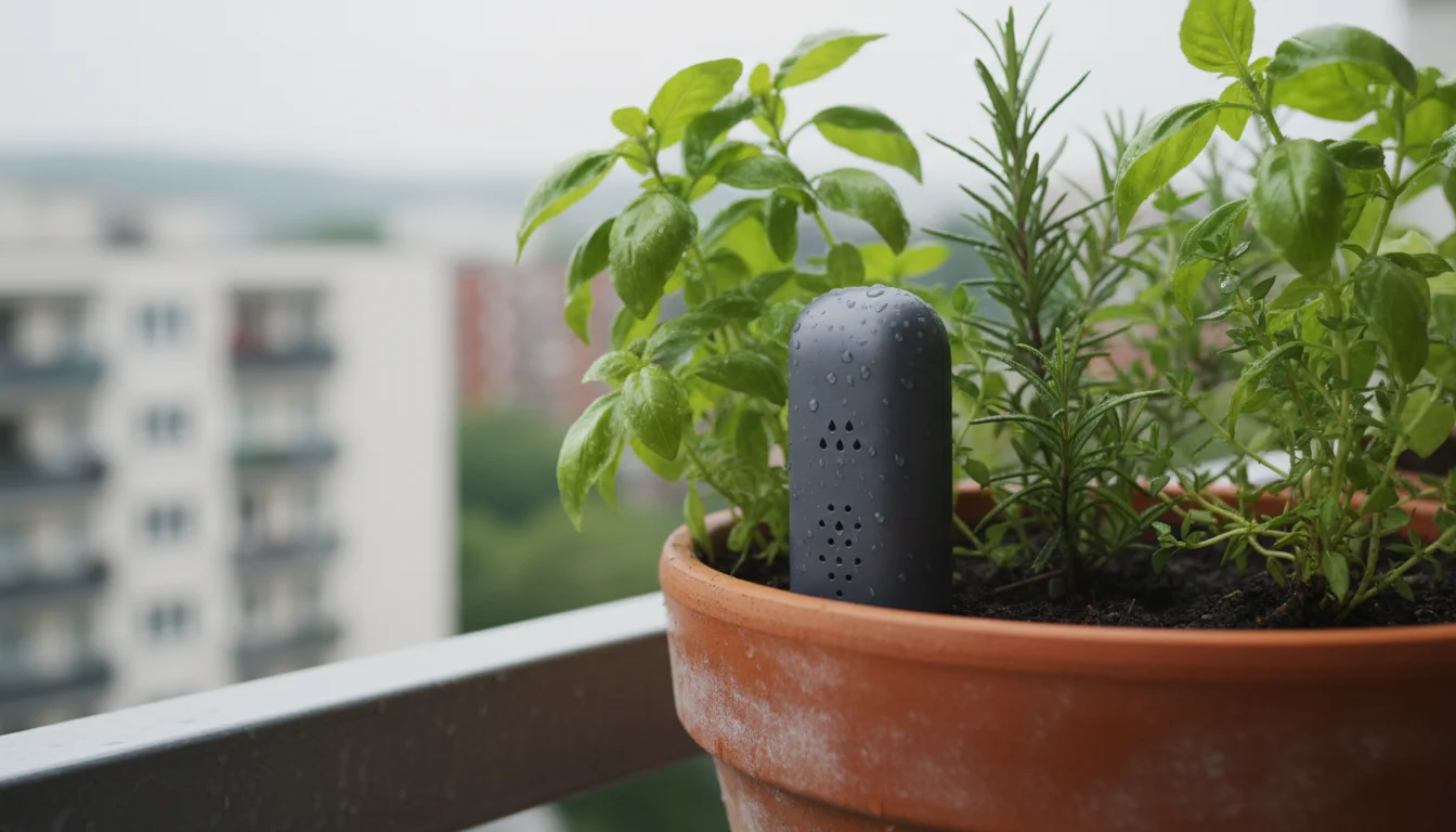 Sleek dark-grey soil moisture sensor in a terracotta pot with herbs on a rainy urban balcony, showing visible raindrops.