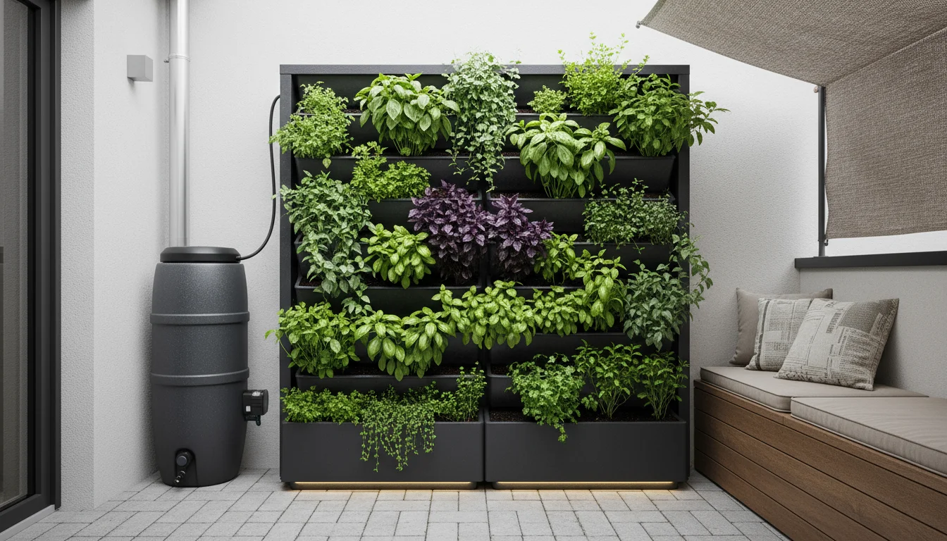 A sleek, dark grey vertical garden filled with herbs on an urban patio, fed by a slim rainwater collection barrel via a drip line.