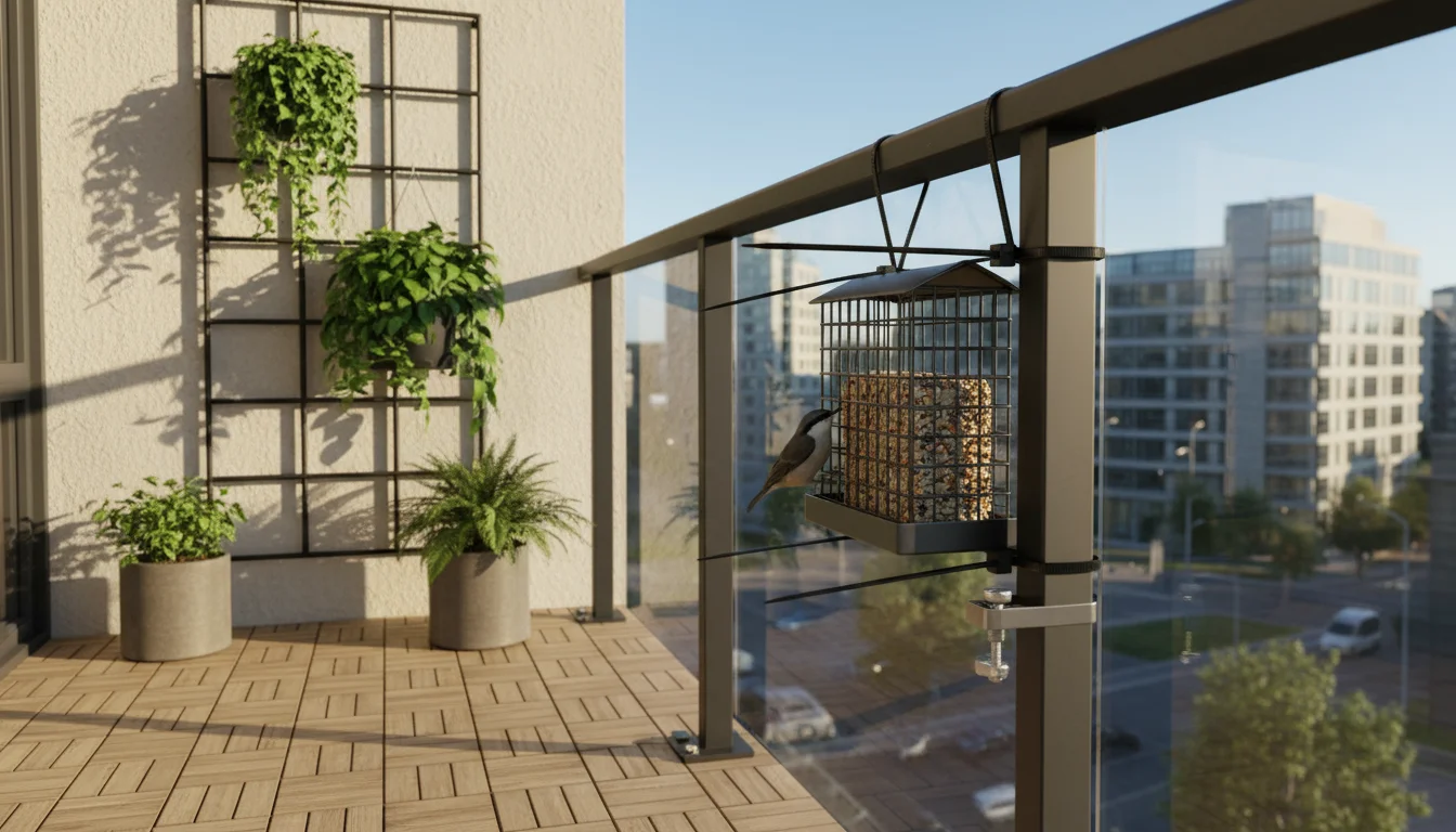 A sleek dark metal suet feeder securely fastened with heavy-duty black zip ties to a modern balcony railing, surrounded by vibrant container plants.