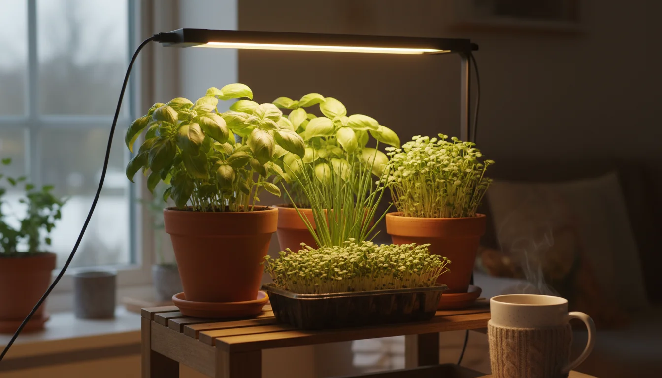 A sleek LED grow light illuminates a vibrant indoor herb garden with basil, chives, and microgreens thriving in pots on a shelf during winter.