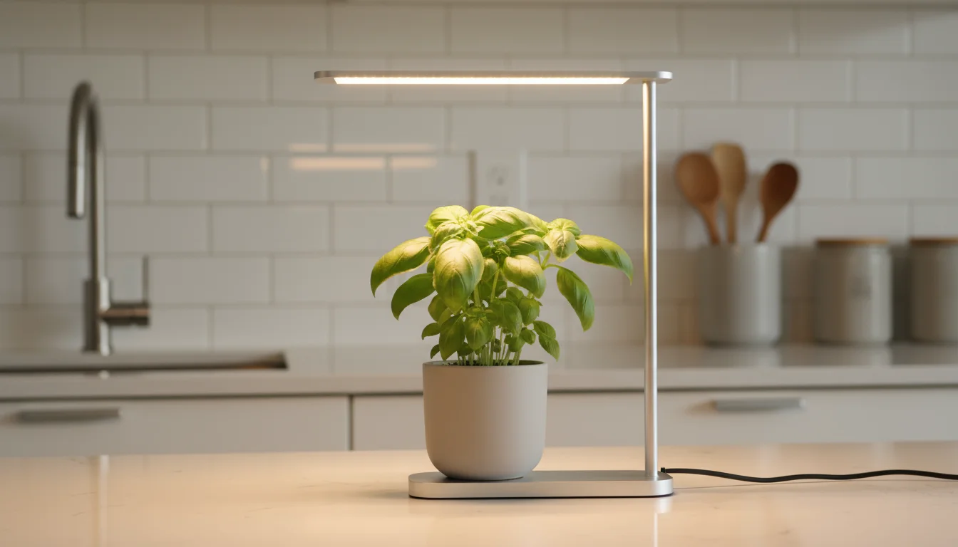A sleek, minimalist LED grow light shines on a healthy basil plant in a gray pot on a bright kitchen counter.