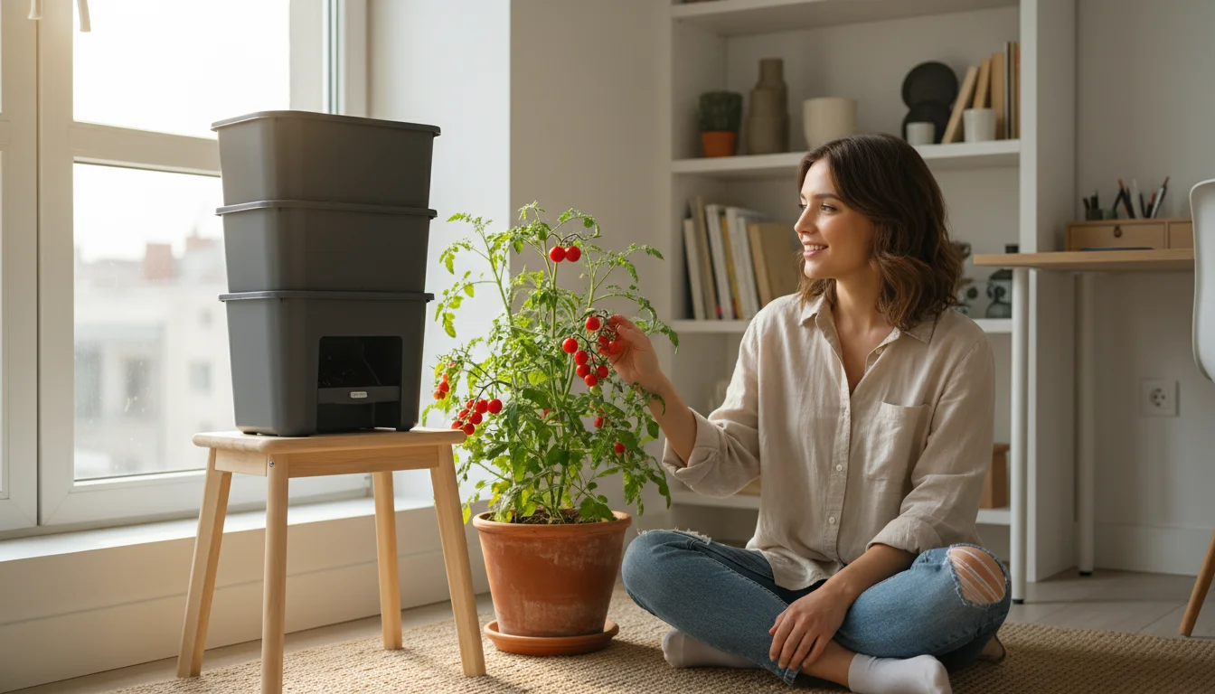 A sleek, multi-tier worm composting bin next to a vibrant cherry tomato plant in a terracotta pot, in a sunny apartment.