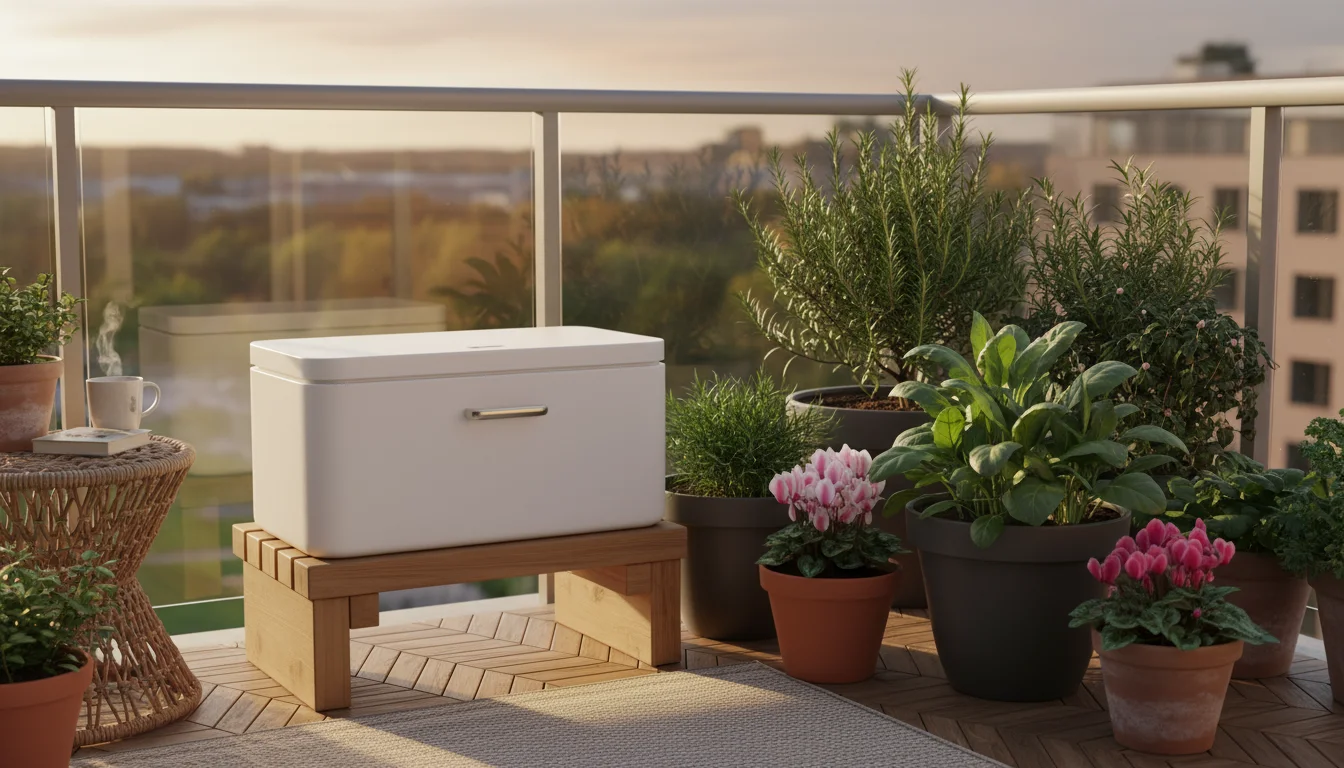 A sleek, sealed indoor composting system on a neat urban balcony patio. Healthy container plants, including rosemary and cyclamen, are arranged nearby