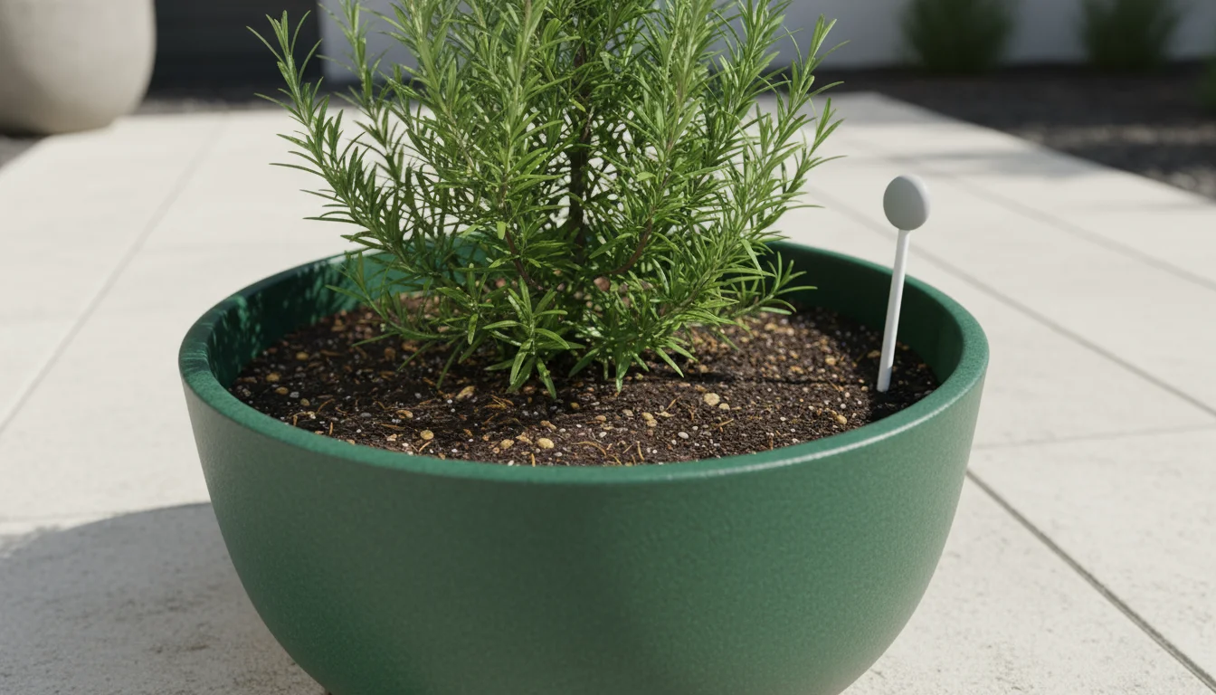 A sleek soil sensor embedded in a matte green ceramic planter with a thriving rosemary plant, a hand gently reaching towards it on patio pavers.