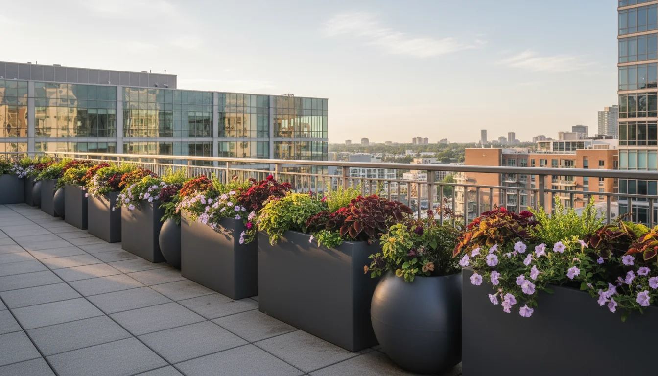A sleek urban balcony features a cohesive design with dark gray rectangular planters and round pots holding vibrant green and purple foliage plants, c