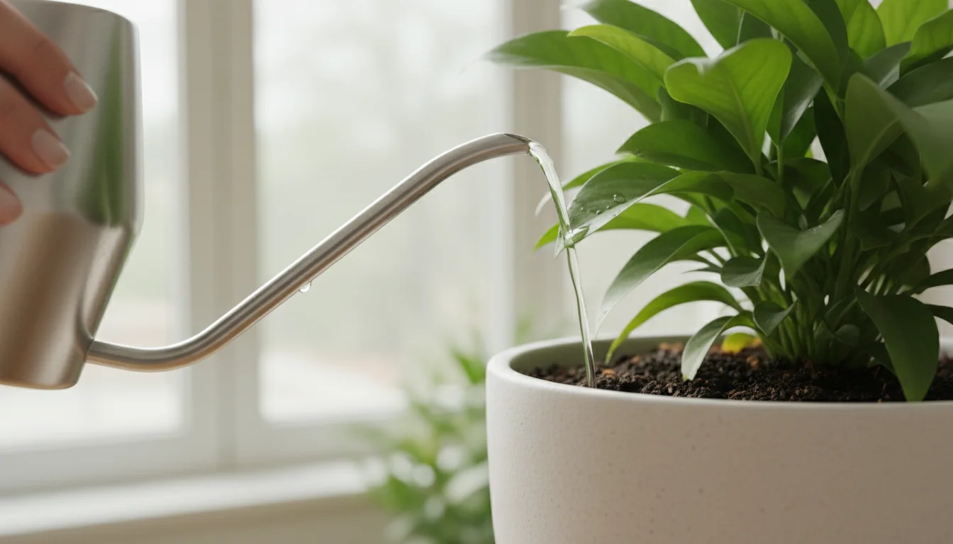 Close-up of a sleek watering can's spout directing water precisely to the soil at the base of a container plant, avoiding foliage.